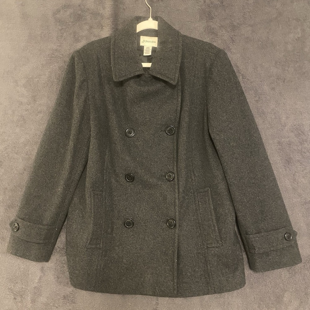 St Johns Bay Womens Wool Blend Gray Peacoat Jacket Size L Pea Coat
